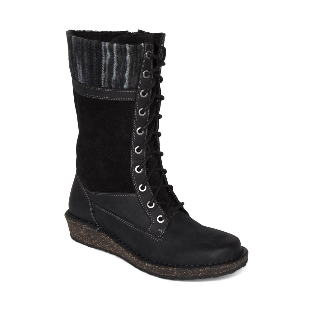 Aetrex Elsa Sweater Knit Tall Lace Up Boot Suede/Leather‎ Black Size 8.5 Comfort